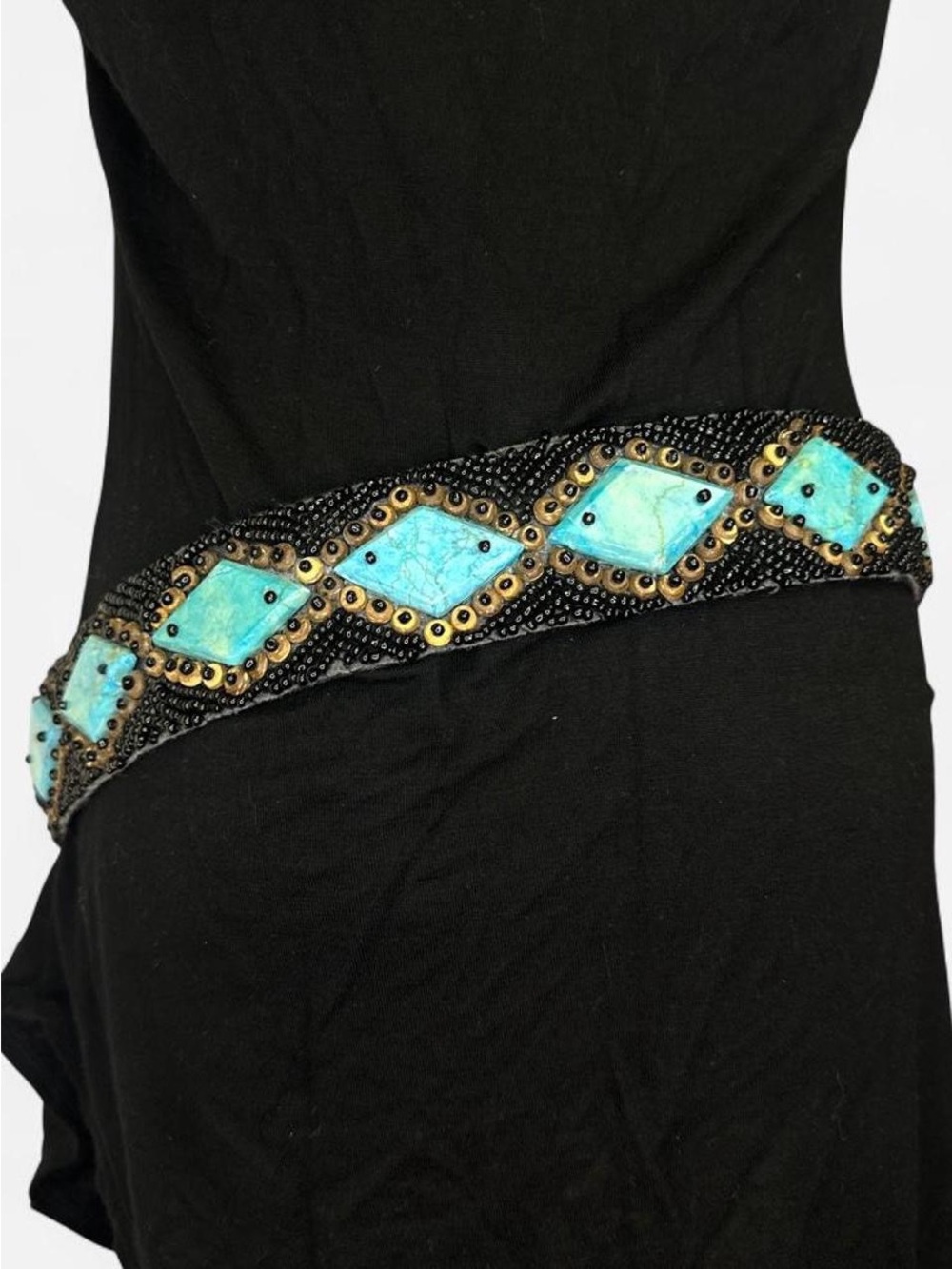 Vintage Hand-Beaded Black Belt with Turquoise Tile Accents - Picture 3 of 7